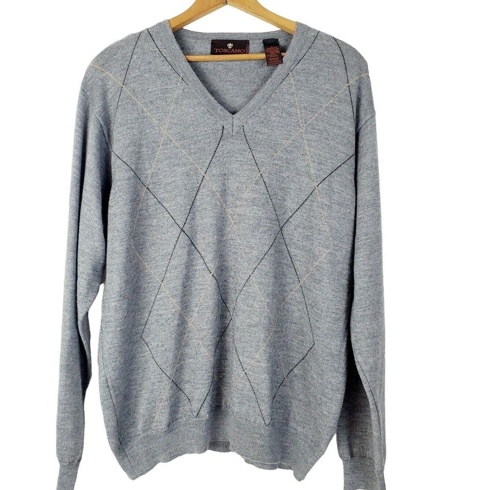 Toscano Mens Merino Wool Sweater Vneck Gray Argyle Large Made in‎ Italy